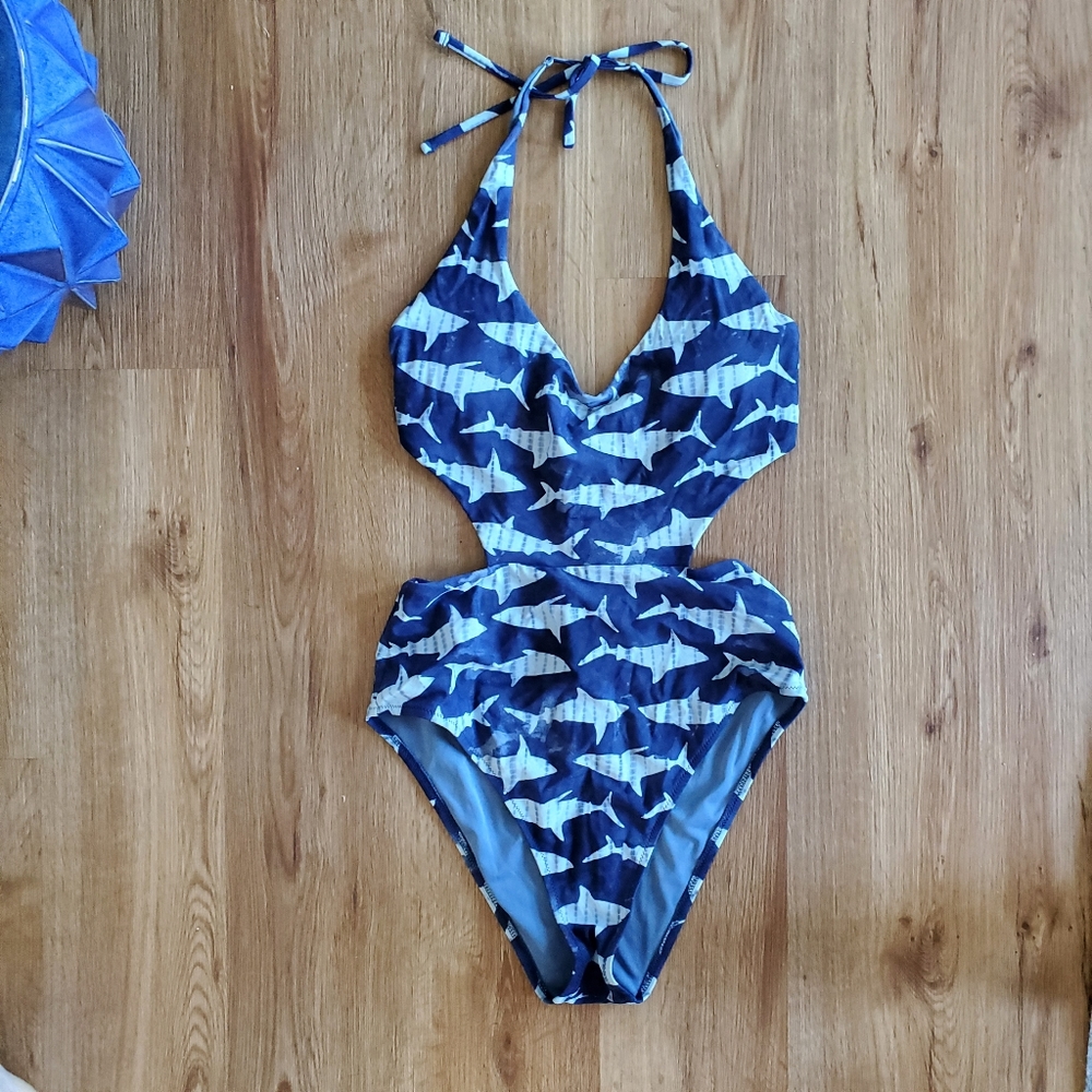 aerie Navy and Light Blue Shark-Print One-Piece Swimsuit